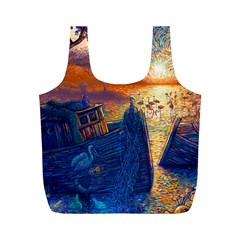 Digital Art Fantasy Impressionism Painting Ship Boat Psychedelic Peacock Mushroom Flamingos Hipwreck Full Print Recycle Bag (m) by Sarkoni