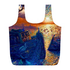 Digital Art Fantasy Impressionism Painting Ship Boat Psychedelic Peacock Mushroom Flamingos Hipwreck Full Print Recycle Bag (l) by Sarkoni