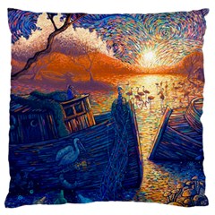 Digital Art Fantasy Impressionism Painting Ship Boat Psychedelic Peacock Mushroom Flamingos Hipwreck Large Premium Plush Fleece Cushion Case (two Sides) by Sarkoni