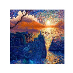 Digital Art Fantasy Impressionism Painting Ship Boat Psychedelic Peacock Mushroom Flamingos Hipwreck Square Satin Scarf (30  X 30 ) by Sarkoni