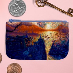 Digital Art Fantasy Impressionism Painting Ship Boat Psychedelic Peacock Mushroom Flamingos Hipwreck Large Coin Purse by Sarkoni