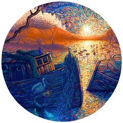 Digital Art Fantasy Impressionism Painting Ship Boat Psychedelic Peacock Mushroom Flamingos Hipwreck Wooden Puzzle Round by Sarkoni