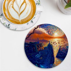 Digital Art Fantasy Impressionism Painting Ship Boat Psychedelic Peacock Mushroom Flamingos Hipwreck Uv Print Round Tile Coaster by Sarkoni