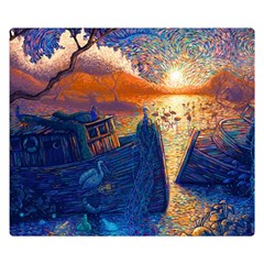 Digital Art Fantasy Impressionism Painting Ship Boat Psychedelic Peacock Mushroom Flamingos Hipwreck Premium Plush Fleece Blanket (small) by Sarkoni