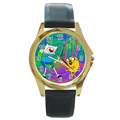 Jake And Finn Adventure Time Landscape Forest Saturation Round Gold Metal Watch by Sarkoni