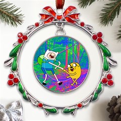 Jake And Finn Adventure Time Landscape Forest Saturation Metal X mas Wreath Ribbon Ornament by Sarkoni