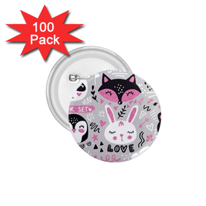 Big Set With Cute Cartoon Animals Bear Panda Bunny Penguin Cat Fox 1.75  Buttons (100 pack) 