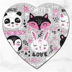 Big Set With Cute Cartoon Animals Bear Panda Bunny Penguin Cat Fox Jigsaw Puzzle (heart) by Bedest