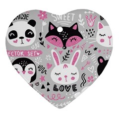 Big Set With Cute Cartoon Animals Bear Panda Bunny Penguin Cat Fox Heart Ornament (two Sides) by Bedest