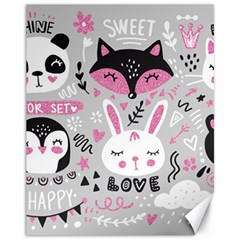 Big Set With Cute Cartoon Animals Bear Panda Bunny Penguin Cat Fox Canvas 11  X 14  by Bedest