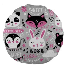 Big Set With Cute Cartoon Animals Bear Panda Bunny Penguin Cat Fox Large 18  Premium Flano Round Cushions by Bedest