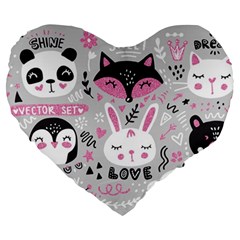 Big Set With Cute Cartoon Animals Bear Panda Bunny Penguin Cat Fox Large 19  Premium Flano Heart Shape Cushions by Bedest