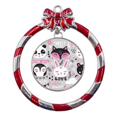 Big Set With Cute Cartoon Animals Bear Panda Bunny Penguin Cat Fox Metal Red Ribbon Round Ornament by Bedest