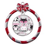 Big Set With Cute Cartoon Animals Bear Panda Bunny Penguin Cat Fox Metal Red Ribbon Round Ornament Front