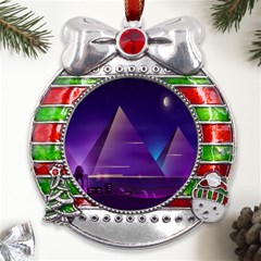 Egyptian Pyramids Night Landscape Cartoon Metal X mas Ribbon With Red Crystal Round Ornament by Bedest