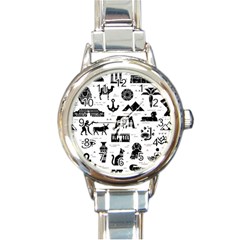 Dark Seamless Pattern Symbols Landmarks Signs Egypt Round Italian Charm Watch by Bedest