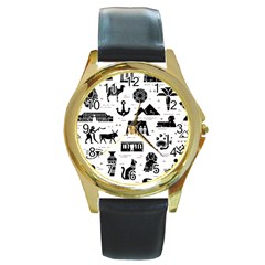 Dark Seamless Pattern Symbols Landmarks Signs Egypt Round Gold Metal Watch by Bedest