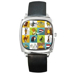 Egypt Travel Items Icons Set Flat Style Square Metal Watch by Bedest