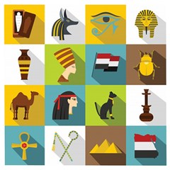 Egypt Travel Items Icons Set Flat Style Wooden Puzzle Square by Bedest