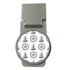 Marine Nautical Seamless Pattern With Vintage Lighthouse Wheel Money Clips (Round) 