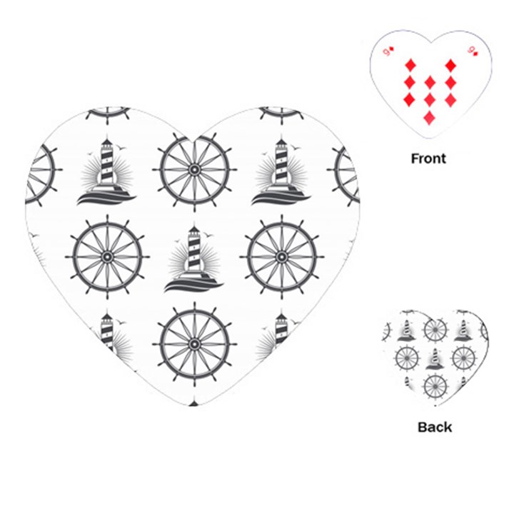 Marine Nautical Seamless Pattern With Vintage Lighthouse Wheel Playing Cards Single Design (Heart)