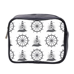 Marine Nautical Seamless Pattern With Vintage Lighthouse Wheel Mini Toiletries Bag (two Sides) by Bedest