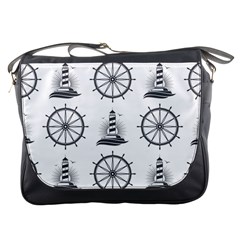 Marine Nautical Seamless Pattern With Vintage Lighthouse Wheel Messenger Bag by Bedest