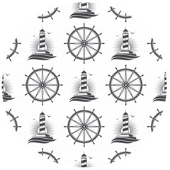 Marine Nautical Seamless Pattern With Vintage Lighthouse Wheel Wooden Bottle Opener (Round)