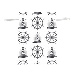 Marine Nautical Seamless Pattern With Vintage Lighthouse Wheel Lightweight Drawstring Pouch (L)