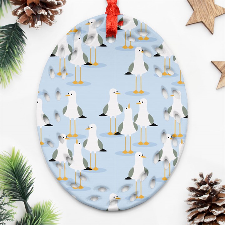 Cute Seagulls Seamless Pattern Light Blue Background Ornament (Oval Filigree)