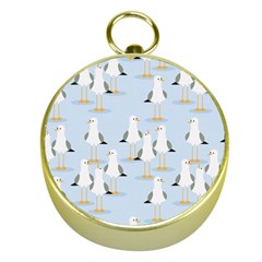 Cute Seagulls Seamless Pattern Light Blue Background Gold Compasses by Bedest