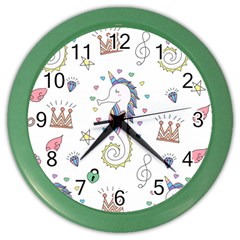 Seamless Pattern Cute Unicorn Cartoon Hand Drawn Color Wall Clock by Bedest