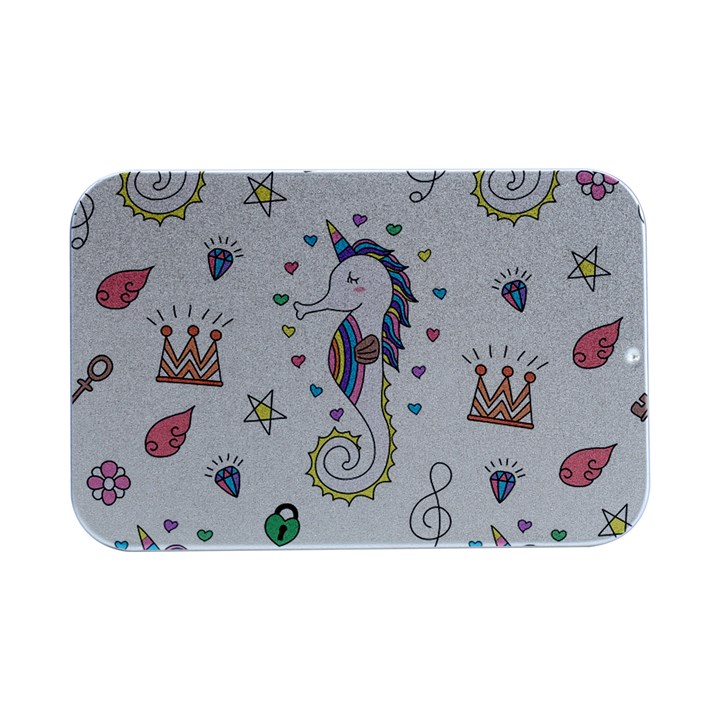 Seamless Pattern Cute Unicorn Cartoon Hand Drawn Open Lid Metal Box (Silver)  