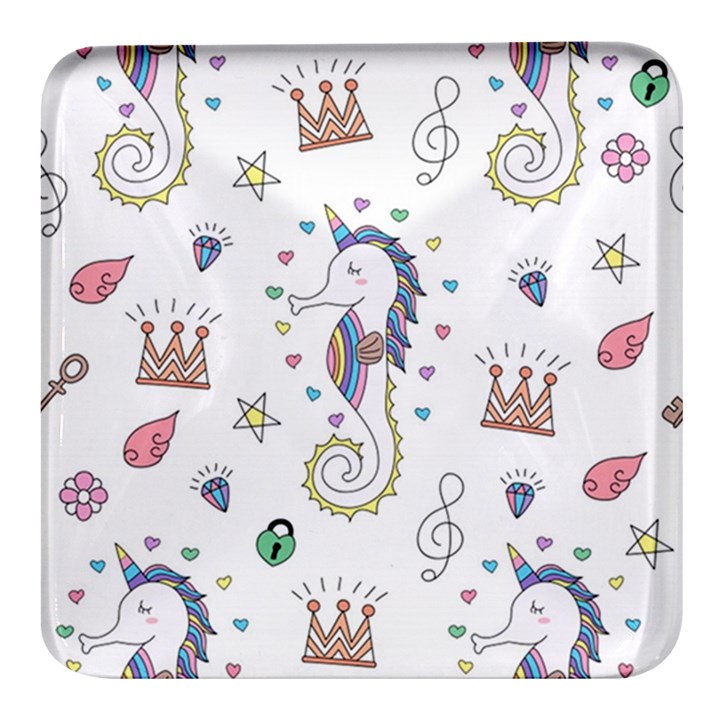 Seamless Pattern Cute Unicorn Cartoon Hand Drawn Square Glass Fridge Magnet (4 pack)