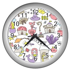 Fantasy Things Doodle Style Vector Illustration Wall Clock (silver) by Bedest