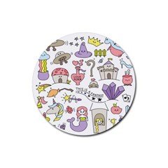 Fantasy Things Doodle Style Vector Illustration Rubber Round Coaster (4 Pack) by Bedest