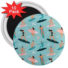 Beach Surfing Surfers With Surfboards Surfer Rides Wave Summer Outdoors Surfboards Seamless Pattern 3  Magnets (10 Pack)  by Bedest