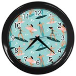 Beach Surfing Surfers With Surfboards Surfer Rides Wave Summer Outdoors Surfboards Seamless Pattern Wall Clock (Black) Front