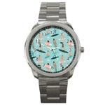 Beach Surfing Surfers With Surfboards Surfer Rides Wave Summer Outdoors Surfboards Seamless Pattern Sport Metal Watch Front