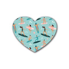 Beach Surfing Surfers With Surfboards Surfer Rides Wave Summer Outdoors Surfboards Seamless Pattern Rubber Heart Coaster (4 Pack) by Bedest