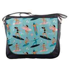 Beach Surfing Surfers With Surfboards Surfer Rides Wave Summer Outdoors Surfboards Seamless Pattern Messenger Bag by Bedest