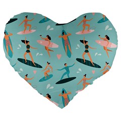 Beach Surfing Surfers With Surfboards Surfer Rides Wave Summer Outdoors Surfboards Seamless Pattern Large 19  Premium Heart Shape Cushions by Bedest