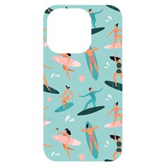 Beach Surfing Surfers With Surfboards Surfer Rides Wave Summer Outdoors Surfboards Seamless Pattern Iphone 14 Pro Black Uv Print Case by Bedest