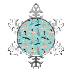 Beach Surfing Surfers With Surfboards Surfer Rides Wave Summer Outdoors Surfboards Seamless Pattern Metal Small Snowflake Ornament by Bedest