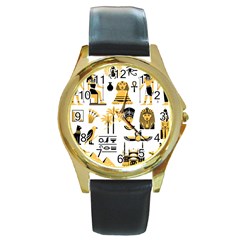 Egypt Symbols Decorative Icons Set Round Gold Metal Watch by Bedest