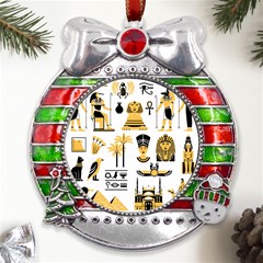 Egypt Symbols Decorative Icons Set Metal X mas Ribbon With Red Crystal Round Ornament by Bedest