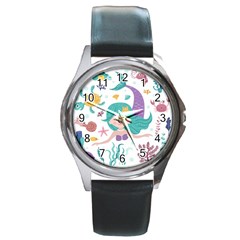 Set Cute Mermaid Seaweeds Marine In Habitants Round Metal Watch by Bedest