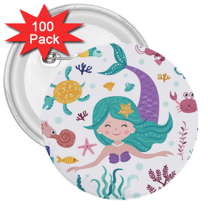 Set Cute Mermaid Seaweeds Marine In Habitants 3  Buttons (100 pack) 