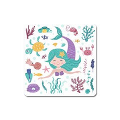 Set Cute Mermaid Seaweeds Marine In Habitants Square Magnet