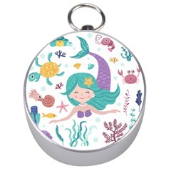 Set Cute Mermaid Seaweeds Marine In Habitants Silver Compasses